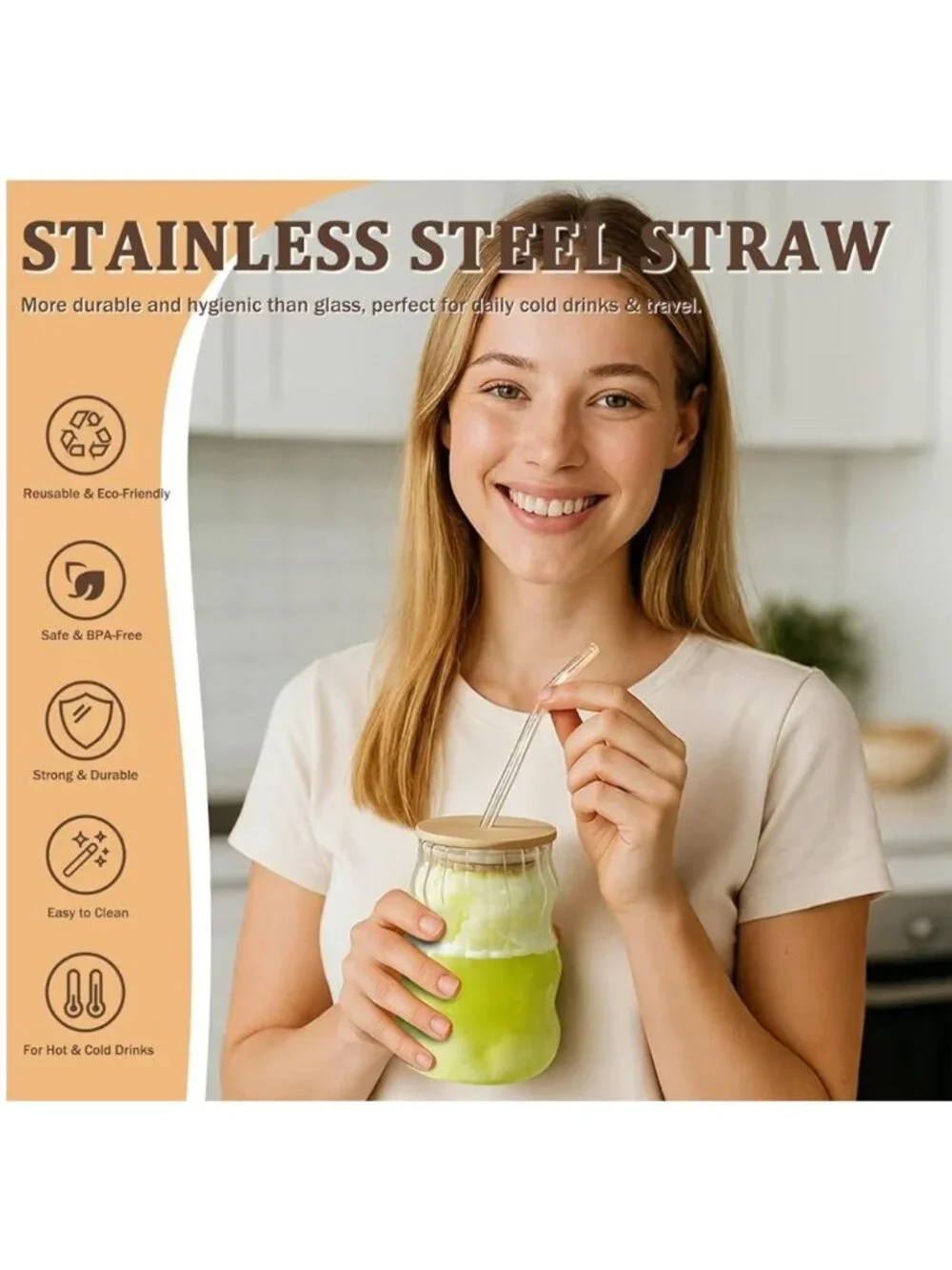 Glass Tumbler Set W/Bamboo Lid Glass Straw & Brush 16oz Reusable BPA-Free